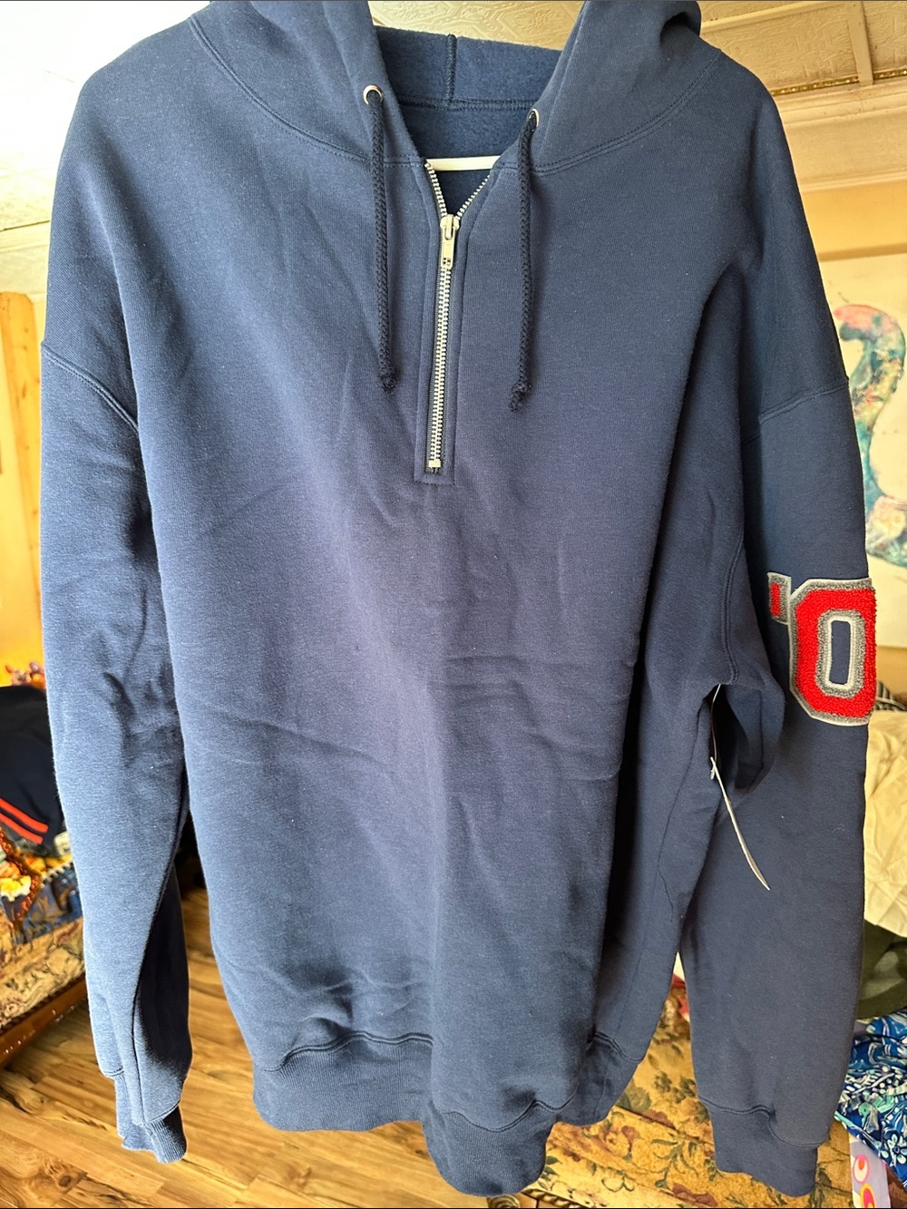 Men's Navy Half-Zip Hoodie Sweater with Sleeve Patch